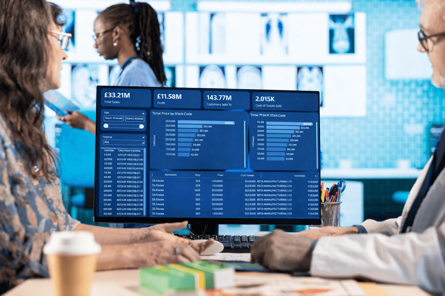 Two people discussing data analytics displayed on a computer screen showing sales, profit, customer count, cost of goods sold, and bar charts.